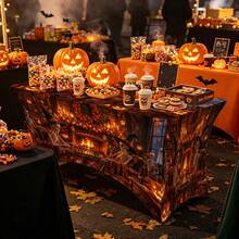 1pc Halloween Pattern Printed High Elasticity Tablecloth With Elastic Band - Stretchable Fit, Washable And Reusable Table Cover Suitable For Dining Table, Buffet Table, Dessert Table, Banquet, Holiday Party Decoration, Halloween, Birthday, Wedding - Suitable For Kitchen Use - Multicolor - View 2