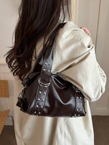 1pc Rivet Multifunctional Black Bag, Vintage Motorcycle Style Rivet Decor PU Leather Shoulder Bag, Punk Rock Style Underarm Bag, Suitable For Commuting, Dating, Party And Music Festival - Coffee - View 6