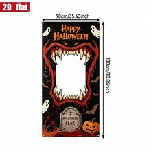 2D Flat Halloween Giant Fang Rectangular Hollow Photo Frame Backdrop Banner, Ghost Bat Pumpkin Tombstone Horror Party Portrait Photography Decoration Cloth - 1 - View 2