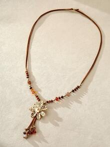 Nocturel 1 buah Kalung Rantai Logam Manik-Manik Motif Bunga Modis, Cocok untuk Pemakaian Sehari-hari Wanita - Coklat - View 2