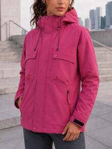 Jaket Wanita Berkerudung dengan Banyak Kantong, Manset yang Dapat Diatur, Resleting Depan, Mantel Serbaguna untuk Aktivitas Luar Ruangan, Mendaki, Bepergian, dan Pemakaian Sehari-hari. - Hot Pink - View 3