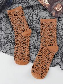 1 Pair Women's Halloween Mid-Calf Socks, Full Coverage Cute Pumpkin Print, Thick Warm Winter Socks, Ideal Choice For Halloween Party Outfit - Multicolor - View 7
