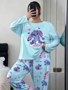 Casual Plus Size Women's "LOVELY" Cartoon Print Pajama Set, 2-Piece Set, Round Neck Long Sleeve Top And Long Pants, Suitable For Autumn/Winter - Blue - View 4