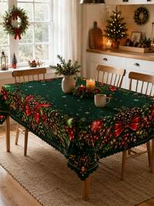 1pc Dark Green Christmas Wreath Tablecloth, Elegant Polyester Rectangular Tablecloth, Printed With Pine Branches, Red Bows, Berries And Decorative Balls Pattern, Suitable For Kitchen Decor, Home Decor, Room Decor, Christmas Home Decor And Classroom Decor - Multicolor - View 19