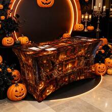 1pc Halloween Pattern Printed High Elasticity Tablecloth With Elastic Band - Stretchable Fit, Washable And Reusable Table Cover Suitable For Dining Table, Buffet Table, Dessert Table, Banquet, Holiday Party Decoration, Halloween, Birthday, Wedding - Suitable For Kitchen Use - Multicolor - View 10