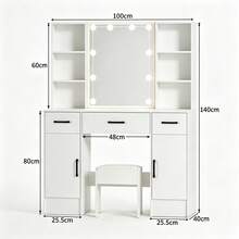Teousev Dressing Table With LED Lighted Mirror & Stool, Vanity Makeup Desk With Side Open Shelves, Drawers And Storage Cabinets, White Cosmetic Dressing Table Set For Bedroom - White - View 8