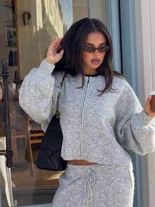 MORI Fall Winter Women Knitwear Y2K Minimalist Grey Fuzzy Zip Up Sweaters Cropped Jackets Drawstring Wide Leg Pants Lounge Sets Clothes - Light Grey - View 9