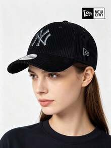 New Era Black NY Baseball Cap, Textured Embroidered Logo Curved Brim Hat, Adjustable Casual Streetwear Style, Unisex - Black - View 1