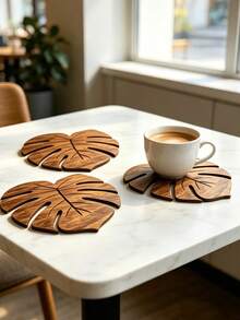 Monstera Leaf Shaped Natural Wooden Coaster, Flat Hollow Heat-Resistant Non-Slip Coaster, Autumn Home Desktop Decoration, Holiday Housewarming Christmas Gift, For Desktop Protection - Multicolor - View 1