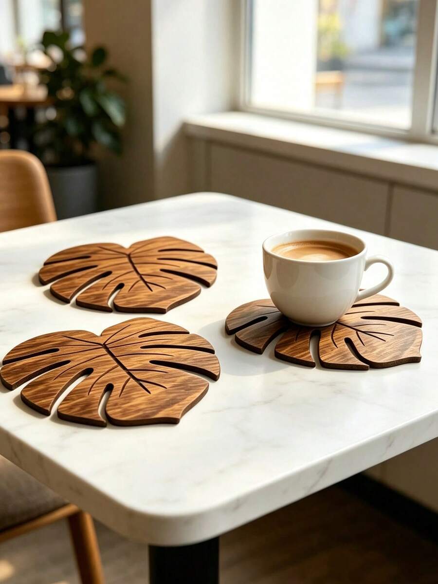 Monstera Leaf Shaped Natural Wooden Coaster, Flat Hollow Heat-Resistant Non-Slip Coaster, Autumn Home Desktop Decoration, Holiday Housewarming Christmas Gift, For Desktop Protection - Multicolor - View 1