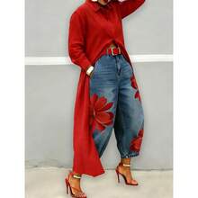 Pantalones vaqueros de moda, talle alto, estampado floral, pierna ancha y corte holgado - Rojo - Ver 5