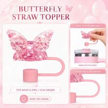 6PCS Butterfly Tumbler Accessories Set For 40oz Cups, Glitter Silicone Boot, Butterfly Straw Topper, Pom Pom Keychain, Flower Charm, Butterfly Pendant Chain & Heart Adhesive Hook, Cute Cup Decor Gift For Women, Cup Not Included - Multicolor - View 4