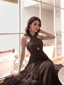 Women's Elegant Sexy Multi-Layer Ruffle Patchwork Design Fashion Flared Slimming Luxury Dress Solid Color Sexy Party Wedding Fall - Coffee Brown - View 1