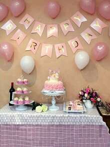 1 Set Pink Happy Birthday Paper Bunting, Modern Metallic Letter Graphic Decorative Banner, Suitable For Birthday Party Event Decoration - Pink - View 4