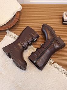 Girls' Brown Tall Riding Boots With Metal Buckle And Side Zipper, Warm Long Boots For Autumn/Winter - Brown - View 4
