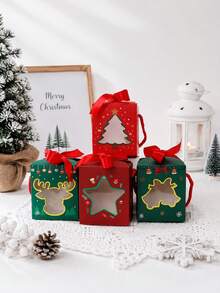 4/8/12pcs Christmas Gift Box With Handle & Ribbon,Xmas Candy Boxes With Window Cutout, Reindeer Tree Star Design, Holiday Party Favor Treat Boxes With Bow - View 8