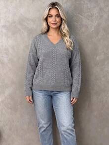 Women's Cable Knit V-Neck Sweater, Long Sleeve Regular Fit Knit Top, Medium Stretch Fabric, Fashion Solid Color Pullover - Grey - View 2
