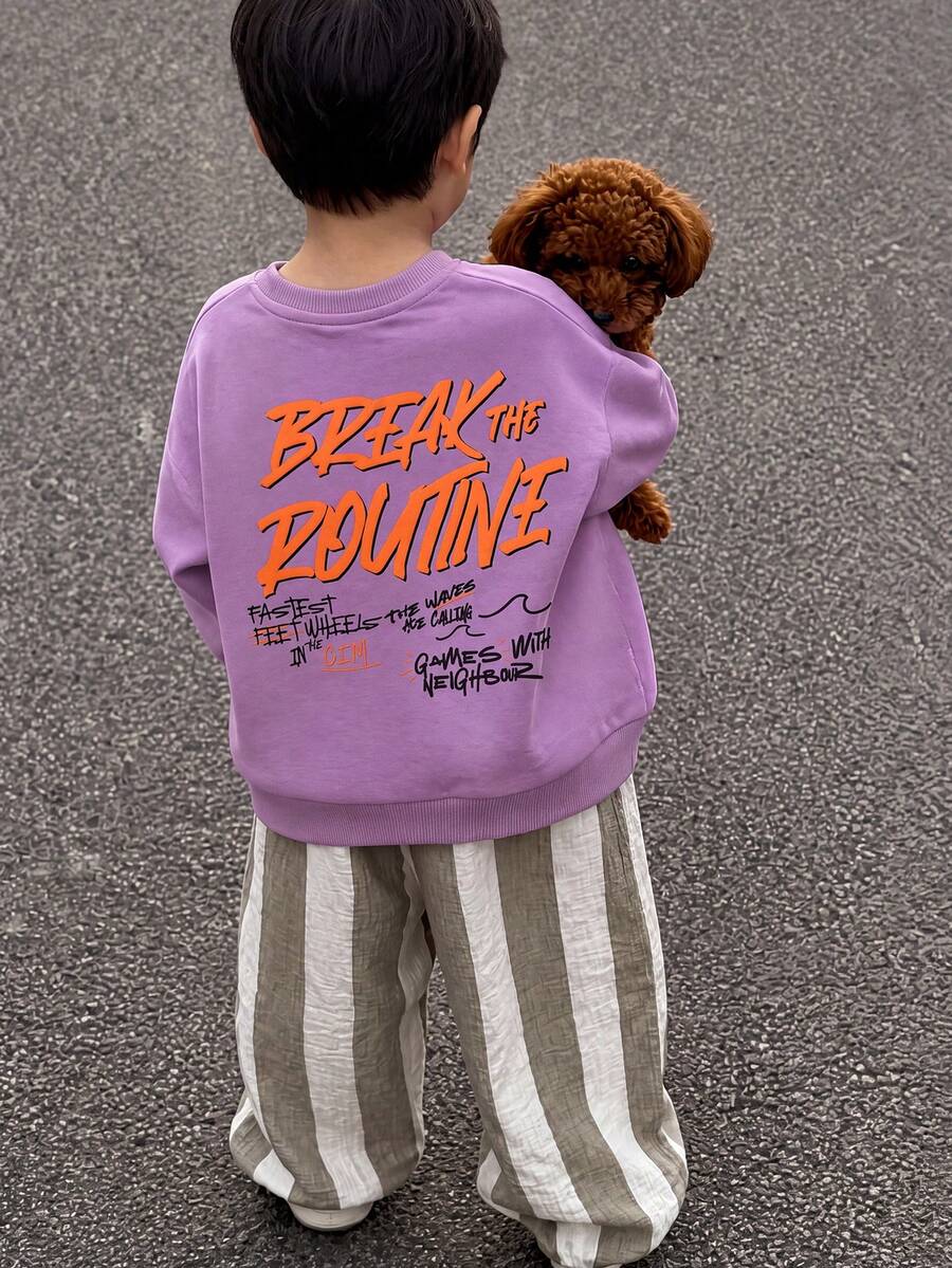 1pc Boys BREAK THE ROUTINE Graffiti Letter Crew Neck Sweatshirt, Taro Purple American Street Style Loose Fit Toddler Big Kids Spring Autumn Pullover - Purple - View 1