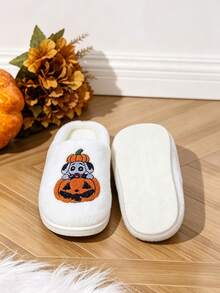 Halloween Pumpkin Dog Embroidered Plush Couple Slippers, Women's Men's EVA Non-Slip Thick Sole Indoor Outdoor Warm Home Slippers - White - View 7