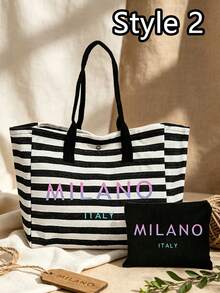 「Milan, Italy」漸層字母印花條紋托特包套組，附配套拉鍊化妝收納包，時尚都市街頭風單肩包，復古條紋手提包，大容量日常通勤學習旅行肩背包，便攜可重複使用購物袋，個性化禮品包，適合旅行、海灘度假、辦公工作與日常通勤，送給女性、家人、老師、朋友、閨蜜與學生的完美禮物，開學季、情人節、教師節、萬聖節、復活節、聖誕節禮物 - 彩色 - 查看 4