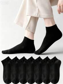 7 pares de calcetines cortos de algodón puro de unicolor, minimalistas y versátiles, de talla grande, para primavera y otoño, unisex - Negro - Ver 1