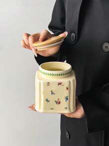 1pc French Vintage Floral Ceramic Storage Jar, Multi-Purpose Square Shape With Round Lid, Round Ceramic Airtight Canister, Coffee Bean Container, Suitable For Kitchen Spices, Coffee, Grains, Candy, Cookies, Home Kitchen Table Decor - Multicolor - View 9