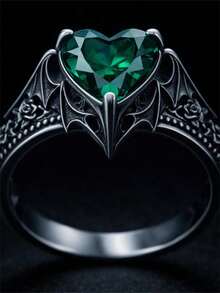 1pc Dark Gothic Style Bat Heart Ring For Women, Vintage Distressed Black Gunmetal Green Stone Rose Carved Niche Personalized Ring Accessory - Green - View 3