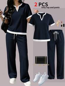 Spring/Summer Women's 2-Piece Set, Casual Versatile Contrast Color V-Neck Short Sleeve Top And High Waist Drawstring Straight Leg Pants Elegant - Navy Blue 46+ Off-white - View 1