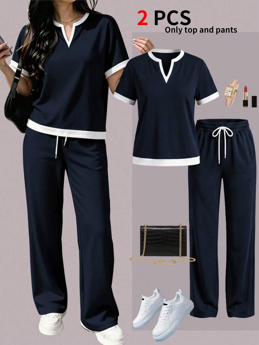 Spring/Summer Women's 2-Piece Set, Casual Versatile Contrast Color V-Neck Short Sleeve Top And High Waist Drawstring Straight Leg Pants Elegant - Navy Blue 46+ Off-white - View 1