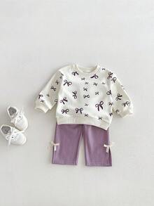 Miniweenns 2pcs/Set Baby Girl Spring/Autumn Outdoor Casual Bowknot Print Long Sleeve Loose Sweatshirt Set Back To School - Multicolor - View 11