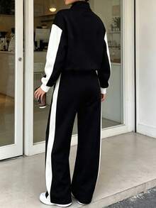 Women's Casual Colorblock 2 Pieces Set With Zipper Collar Top And Wide Leg Pants, Autumn Women's Sweatshirt 2 Pieces Set With Patchwork Colorblock, Casual Fashion Elegant Zipper 2 Pieces Set, Sports Outfit, Autumn/Winter Home Office Streetwear, Fashion Spring/Autumn/Winter Clothing, Graduation Outfit, Back To School Outfit, Graduation Outfit, Women's Teacher Outfit, Back To School Season Outfit, Autumn Clothing, Autumn Clothing - Black and White - View 4