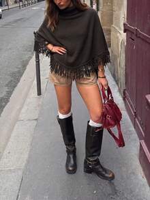 Women's Casual Regular Solid-Color High-Neck Turtleneck Sleeveless Fringe-Edged Poncho Outwear Fashion Fringe Sweater, Fall Winter - Coffee Brown - View 6