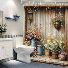 1pc Vintage Style Non-Blackout Polyester Shower Curtain, Decorated With Potted Plants, Vintage Blue Teapot And Floral Patterns, Machine Washable Polyester Fabric, Bathroom Decor, Fashionable Theme Suitable For All Seasons - A - View 4
