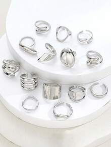 14pcs/Set Punk Style Smooth Geometric Open Ring Set, Women's Exaggerated Asymmetric Silver Heavy Metal Hip Hop Jewelry Gift - Style 2 - View 4