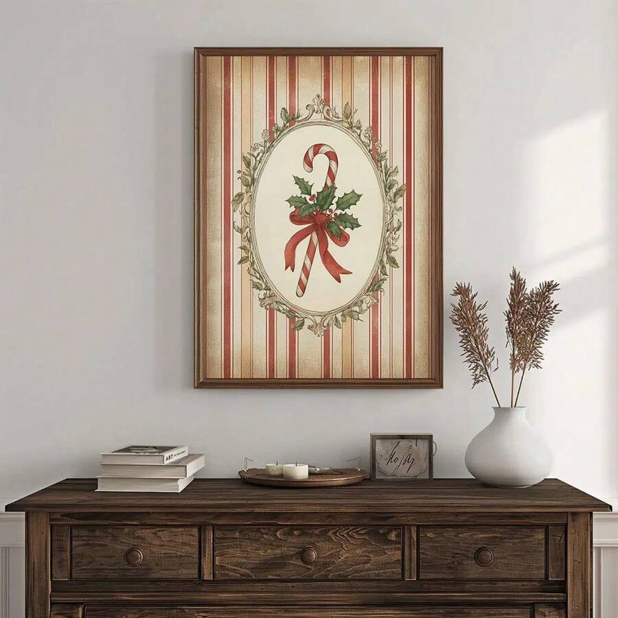 1pc Framed/Unframed Retro Candy Cane Christmas Holiday Canvas Poster Vintage Striped Traditional Xmas Festival Wall Art Print Kitchen Farmhouse Decor Painting For Apartment,Living Room,Bedroom,Modern Home Decoration - A - View 1