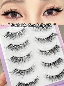 Asiteo 5 Pairs Cartoon Wet Fox/Cat Eye Style False Eyelashes, Full Strip Anime Style Eyelashes, Thin Transparent Band Invisible False Eyelashes, Suitable For Daily Commute - Black - View 5