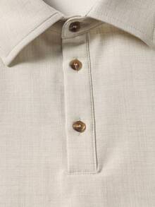 1pc Men's Beige Faux Linen Textured Long Sleeve POLO Shirt, Solid Color Three-Button Half-Open Collar, Loose Fit Long Sleeve T-Shirt, Soft Skin-Friendly Knit Fabric, Machine Washable, Minimalist Old Money Style, Suitable For Autumn Commute And Casual Business Meetings - Apricot - View 7