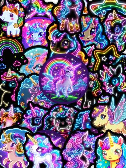 50Pcs Neon Style Cartoon Unicorn Stickers, Rainbow, Galaxy, Cloud & Star Pattern, Waterproof Vinyl Stickers For Water Bottle, Laptop, Journal Decor