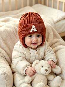 1pc Baby Winter Knit Hat, Toddler Thick Warm Letter Knit Beanie, Comfortable Soft Elastic Thick, Suitable For Winter Outings - Brown - View 2