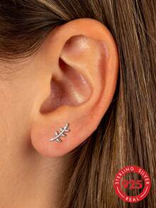 1 Pair S925 Sterling Silver Branch & Leaf Stud Earrings For Women, Mori Style Artistic Fresh Design, Niche Minimalist Petite Earrings For Daily Commute, Date, Ins Vibe, Gentle Elegant, Versatile Ear Cartilage Studs - Leaf - View 2