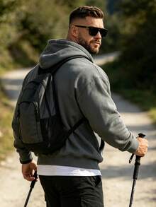 Hoodie Kasual Lengan Panjang Model Bahu Longgar Warna Polos untuk Pria, Musim Gugur/Dingin - Dark Grey - View 4