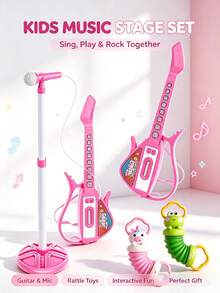 Rock Guitar Microphone Set, Made Of Hard Plastic, Built-In Interactive Sound Effects, Realistic Microphone With Adjustable Stand, Cartoon Mini Keyboard, And Cool Design, Suitable For Home Leisure Singing And Playing, Children's Music Experience, Leisure Playing And Singing, Discovering Musical Interest - Multicolor - View 3