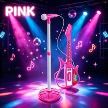 Rock Guitar Microphone Set, Made Of Hard Plastic, Built-In Interactive Sound Effects, Realistic Microphone With Adjustable Stand, Cartoon Mini Keyboard, And Cool Design, Suitable For Home Leisure Singing And Playing, Children's Music Experience, Leisure Playing And Singing, Discovering Musical Interest - Multicolor - View 12