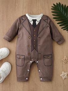 Brown Herringbone Faux Suit Newborn Romper, 2 Pieces Style Shirt & Vest Jumpsuit For Party And Photo Shoot - Camel - View 2
