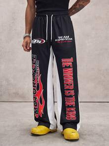 MAISONFOX Men's Black Racing Sports Pants With Motorcycle Flame Pattern And Slogan Print, Color Block Side Stripes Loose Fit Joggers, Y2K Streetwear Style - Black - View 9