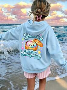 Girls Glitter Dumpling Cartoon Back Print Hoodie, Casual Oversized Pullover - Baby Blue - View 7