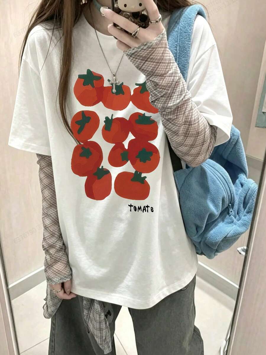 Women's Loose Casual Round Neck Cartoon Tomato Fruit Print Short Sleeve T-Shirt, White, Spring/Summer
