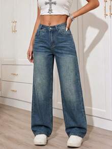 Women's Casual Washed Straight Leg Jeans - Medium Wash - View 11