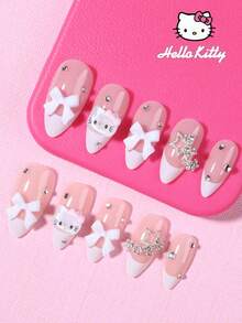Sanrio Hello Kitty 24片長杏仁形法式穿戴甲，附可愛3D Hello Kitty裝飾、蝴蝶結合金、星星、水鑽與領結，適合壓克力假指甲套組，含果凍膠與指甲锉，適合女性與女孩日常及派對使用 - 彩色 - 查看 2