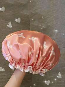 1pc Double Layer Waterproof Shower Cap, New Style Bath Cap For Women, Makeup Kitchen Oil Smoke Dust-Proof Head Cover, Adult Thickened Head Cover, Non-Disposable - Pink - View 1